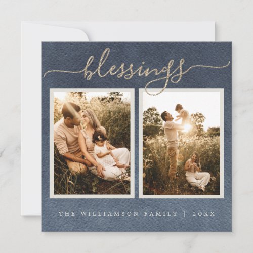 Gold Blessings Dark Blue Christmas Photo Holiday