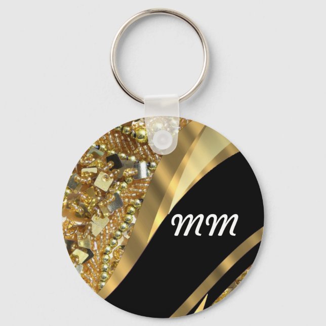 Gold bling & black swirl pattern keychain (Front)