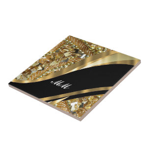 Gold bling & black swirl pattern tile