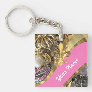Gold bling fleur de lys keychain