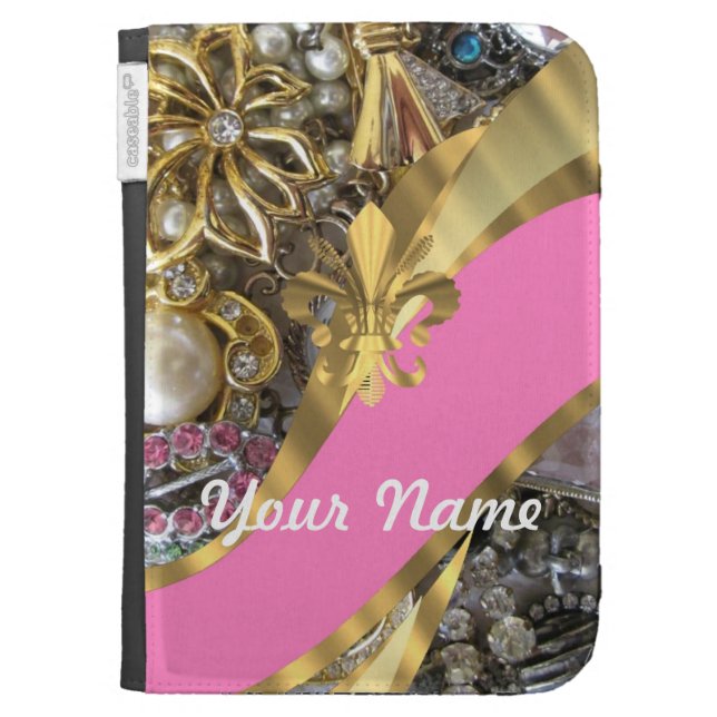 Gold bling fleur de lys kindle keyboard cases (Front)