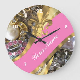 Gold bling fleur de lys large clock