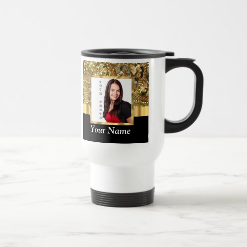 Gold bling instagram templates travel mug