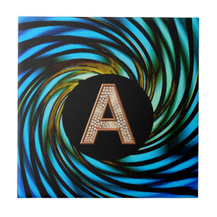 Gold Bling Letter A Teal Swirl Ceramic Tile
