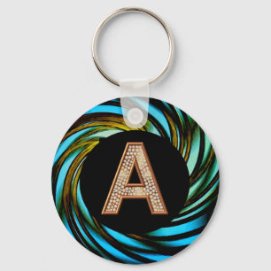Gold Bling Letter A Teal Swirl Keychain