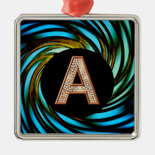 Gold Bling Letter A Teal Swirl Metal Ornament