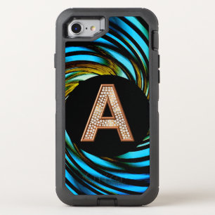 Gold Bling Letter A Teal Swirl Monogram A OtterBox Defender iPhone SE/8/7 Case