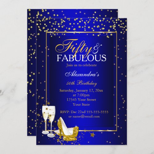 Gold Blue 50 Fabulous Birthday champagne party Invitation