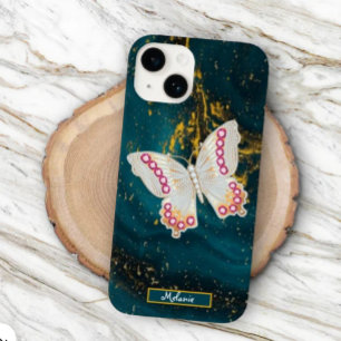 Gold Blue Acrylic Paint Butterfly Monogram Case-Mate iPhone 14 Case