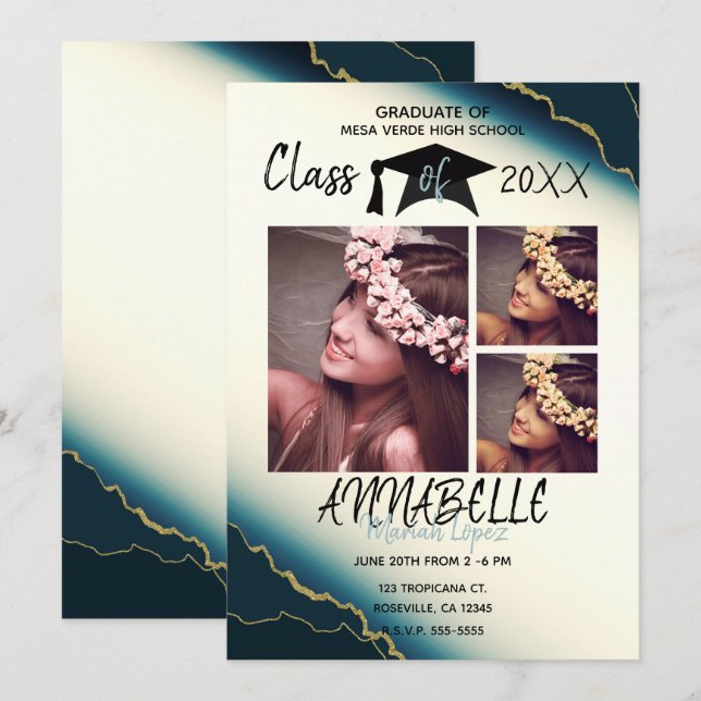 Gold Blue Agate Graduation Party 3 Photo Invitation (Front/Back)