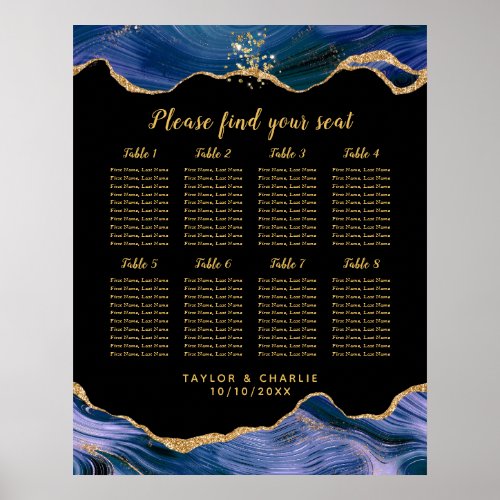 Gold Blue Agate Wedding 8 Tables Seating Chart