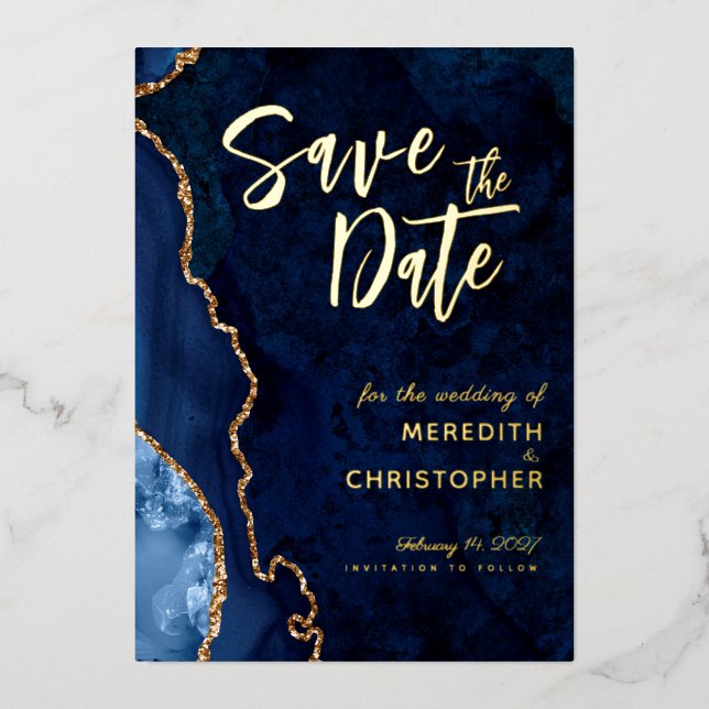 Gold Blue Agate Wedding Save the Date Gold Foil Invitation (Front)