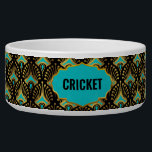 Gold, Blue and Black Art Deco Pattern Custom Name Bowl<br><div class="desc">Gold and blue retro Art Deco seamless pattern on a black background with a customizable name for your baby dog.</div>