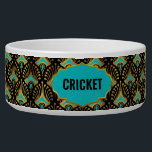 Gold, Blue and Black Art Deco Pattern Custom Name Bowl<br><div class="desc">Gold and blue retro Art Deco seamless pattern on a black background with a customizable name for your baby dog.</div>