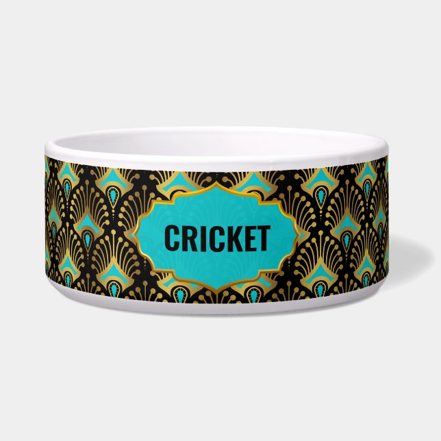 Gold, Blue and Black Art Deco Pattern Custom Name Bowl (Front)