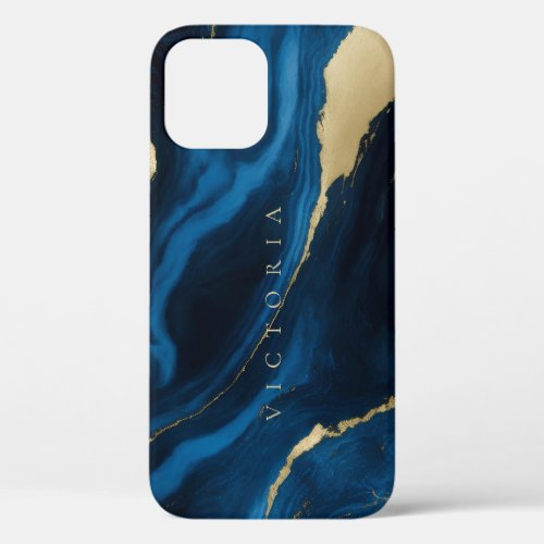 Gold Blue and Black Marble Texture Personalized iPhone 12 Case