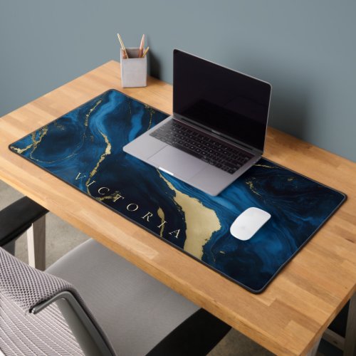 Gold Blue and Black Marble Texture Personalized Desk Mat