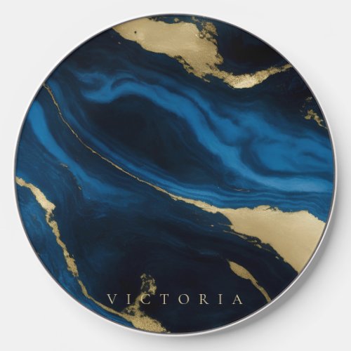 Gold Blue and Black Marble Texture Personalized Wireless Charger