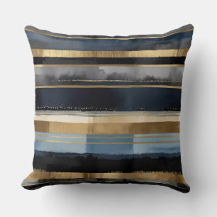 Gold blue and gray abstract stripes throw pillow