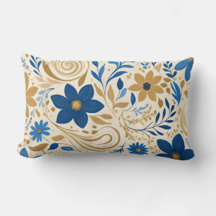 Gold blue and white floral with swirls lumbar pillow