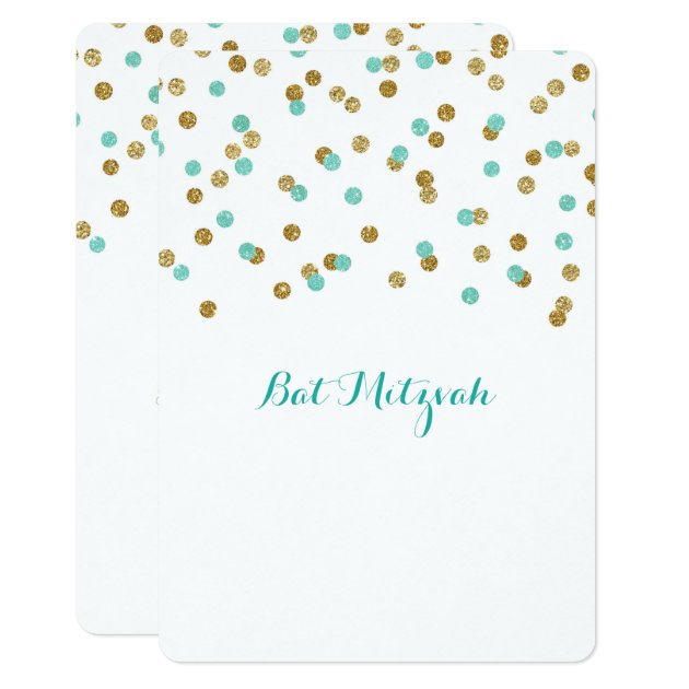 Gold Blue Aqua Confetti Bat Mitzvah Invitations