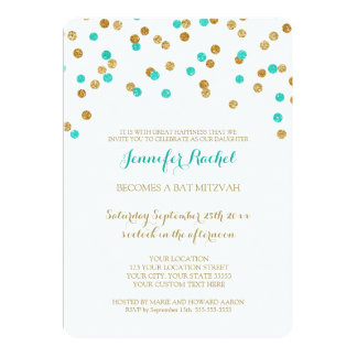 Gold Blue Aqua Confetti Bat Mitzvah Invitations