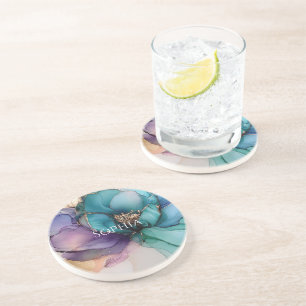 Gold Blue Aqua Purple Flower Bridal Shower Coaster