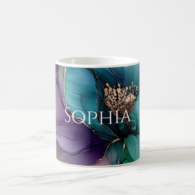 Gold Blue Aqua Purple Flower Bridal Shower Coffee Mug (Center)
