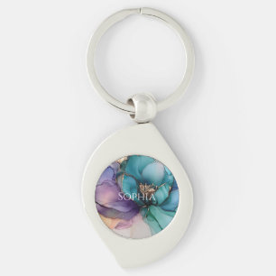 Gold Blue Aqua Purple Flower Bridal Shower Keychain