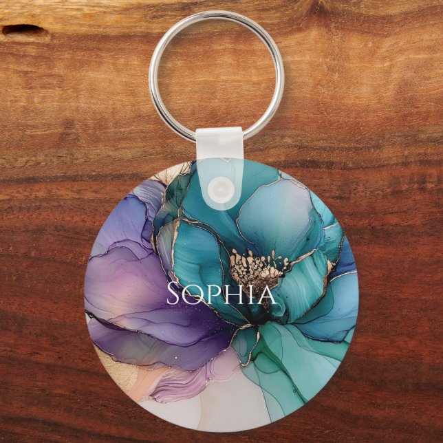 Gold Blue Aqua Purple Flower Bridal Shower Keychain (Front)