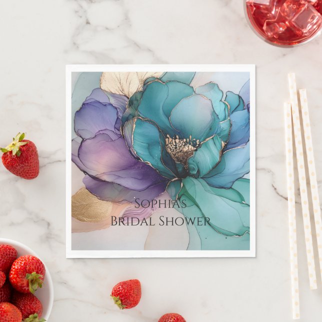 Gold Blue Aqua Purple Flower Bridal Shower Napkins (Insitu)