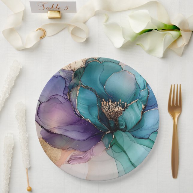 Gold Blue Aqua Purple Flower Bridal Shower Paper Plates (Wedding)