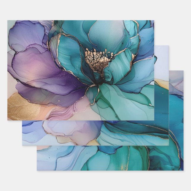 Gold Blue Aqua Purple Flower Bridal Shower Wrapping Paper Sheets (Set)