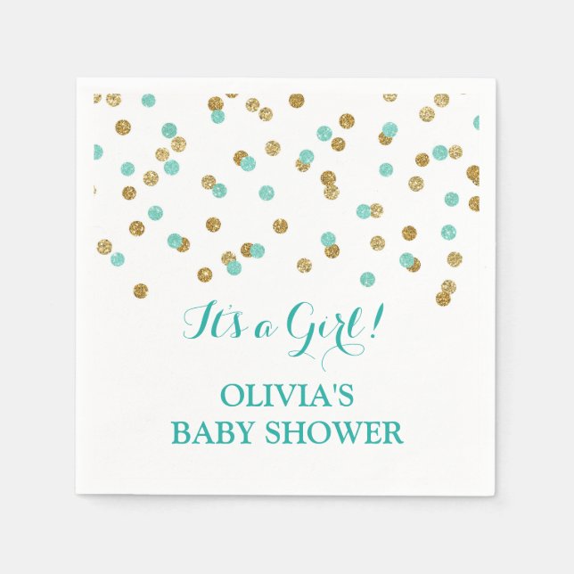 Gold Blue Aqua Turquoise Confetti Baby Shower Napkins (Front)