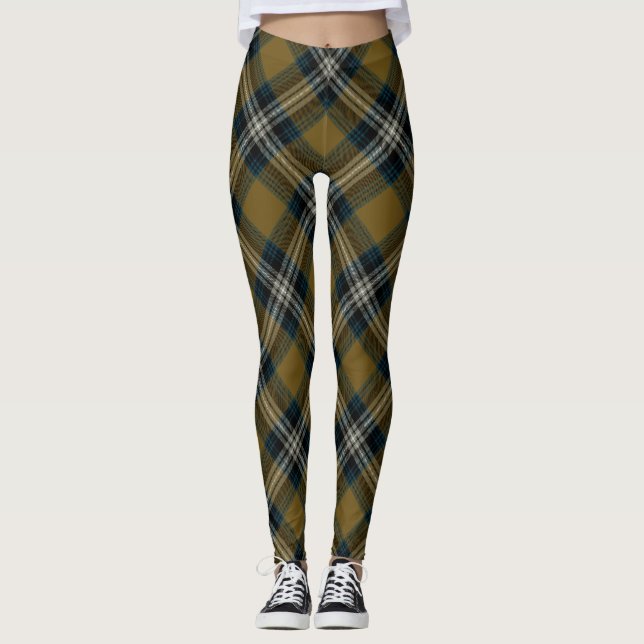 Gold Blue Argyle Tartan Plaid Pattern Leggings (Front)