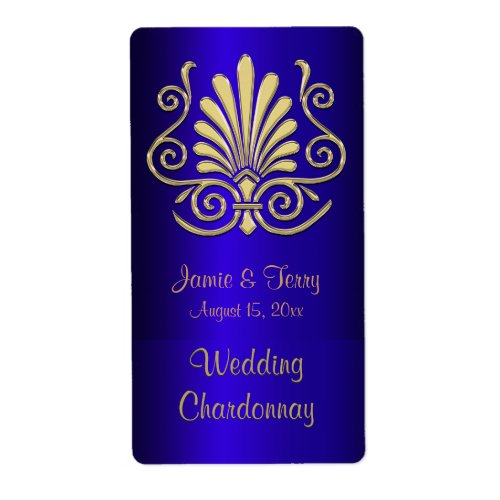 Gold Blue Art Deco Damask Party Wine Label 2