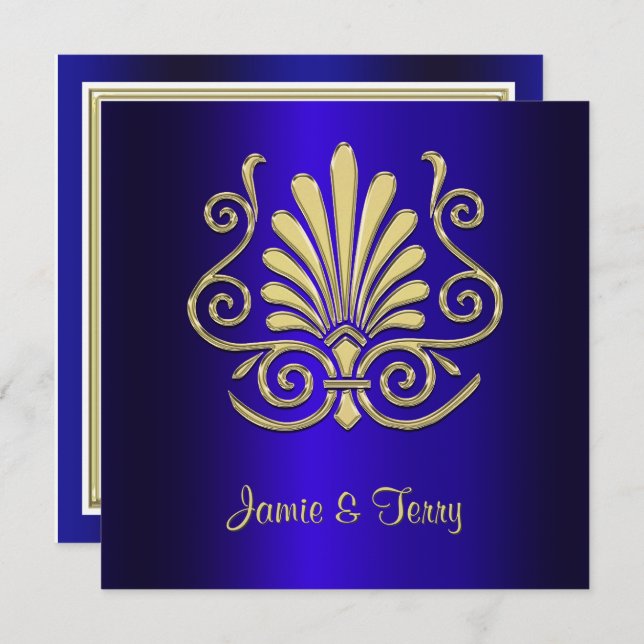Gold Blue Art Deco Damask Wedding Invite 2 (Front/Back)