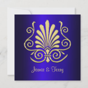 Gold Blue Art Deco Damask Wedding Invite 2