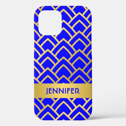 Gold Blue Art Deco Geometric Pattern Personalize iPhone 12 Case
