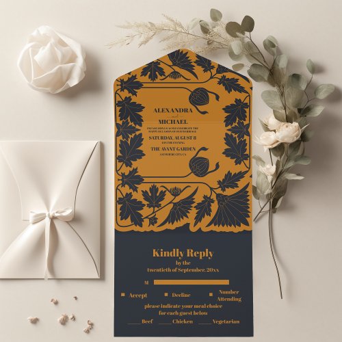 Gold Blue  Art Nouveau Wedding All In One Invitation