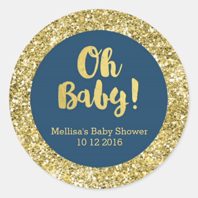 Gold Blue Baby Shower Oh Baby Favor Sticker (Front)