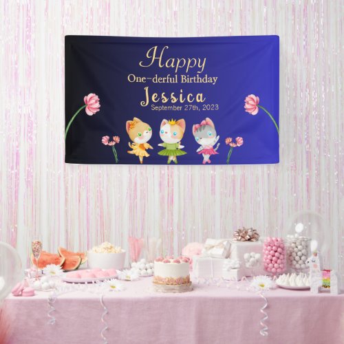 Gold Blue Ballerina Cat Kids Birthday Party Banner