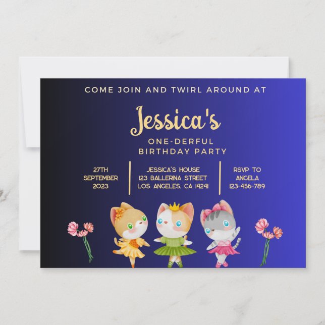 Gold Blue Ballerina Cat Kids Birthday Party Invitation (Front)
