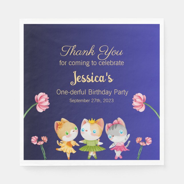Gold Blue Ballerina Cat Kids Birthday Party Napkins (Front)