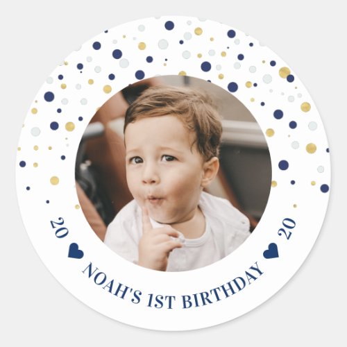 Gold  Blue Balloons  1st Birthday Party Photo Classic Round Sticker