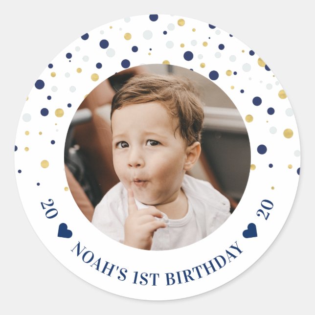 Gold & Blue Balloons | 1st Birthday Party Photo Classic Round Sticker (Front)