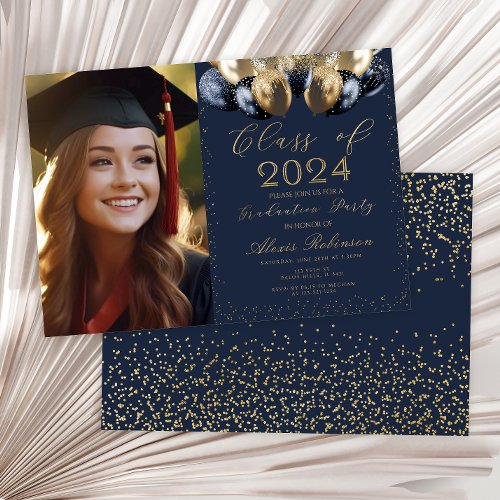 Gold blue balloons collage graduation party photo invitation