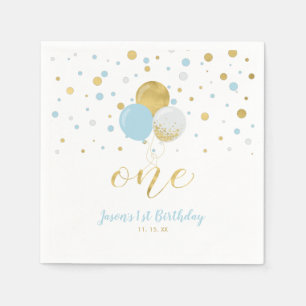 Gold & Blue Balloons, Confetti Boy 1st Birthday Napkins