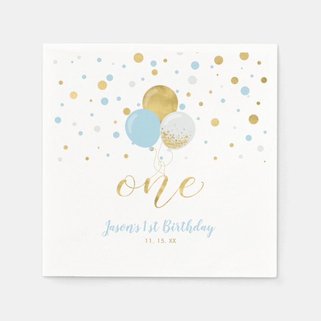 Gold & Blue | Balloons, Confetti Boy 1st Birthday Napkins (Front)