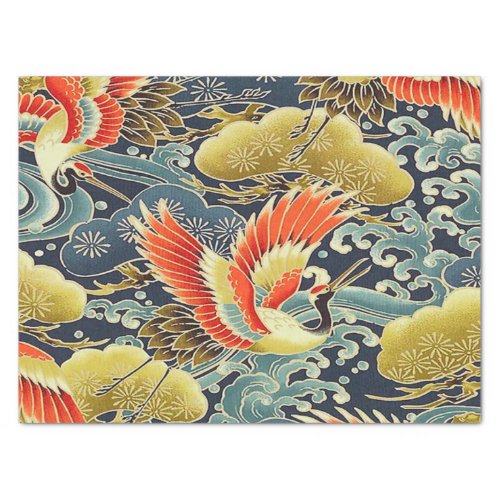 Gold Blue Bird Japanese Kimono Floral Decoupage Tissue Paper